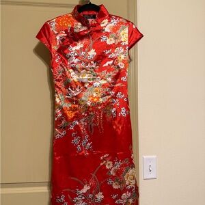 Elegant Silky Red Party Floral Dress